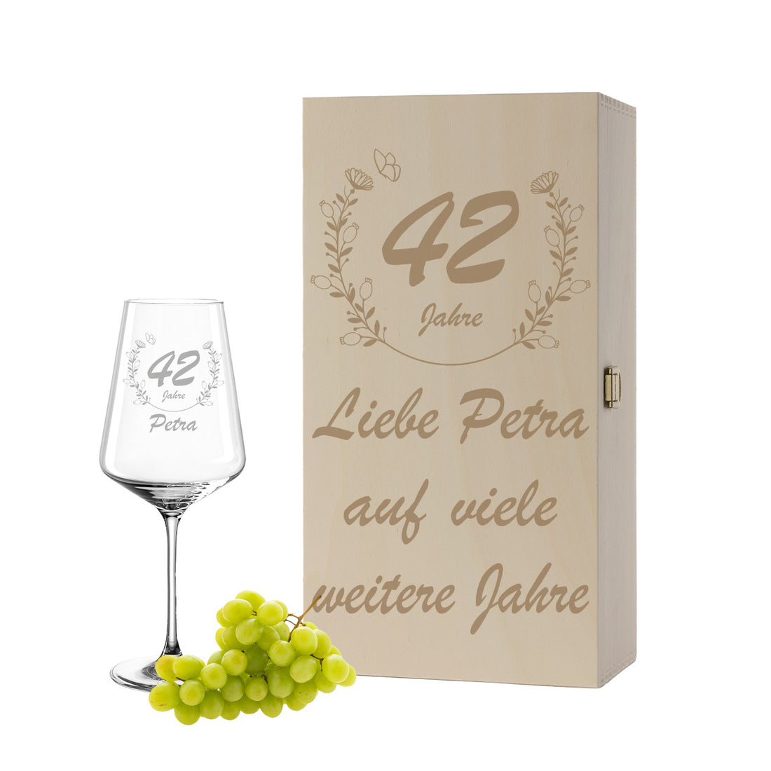 Weinglas mit Gravur Leonardo Puccini "GEBURTSTAG MIT BLUMENKRANZ" inkl. Holzbox klein mit Wunschname & Alter