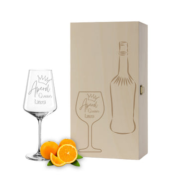 Weinglas mit Gravur Leonardo Puccini "APEROL QUEEN" inkl. Holzbox klein mit Wunschname