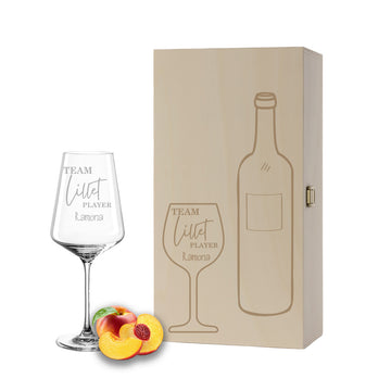 Weinglas mit Gravur Leonardo Puccini "TEAM LILLET PLAYER" inkl. Holzbox klein mit Wunschname