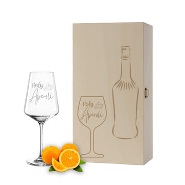 Weinglas mit Gravur Leonardo Puccini "HOLY APEROLI" inkl. Holzbox klein