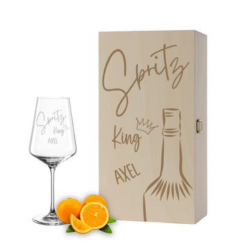Weinglas mit Gravur Leonardo Puccini "SPRITZ KING" inkl. Holzbox klein mit Wunschname