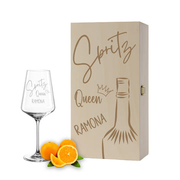 Weinglas mit Gravur Leonardo Puccini "SPRITZ QUEEN" inkl. Holzbox klein mit Wunschname