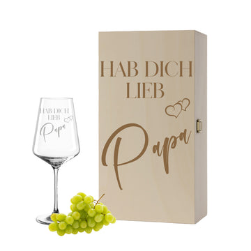 Weinglas mit Gravur Leonardo Puccini "HAB DICH LIEB PAPA" inkl. Holzbox klein