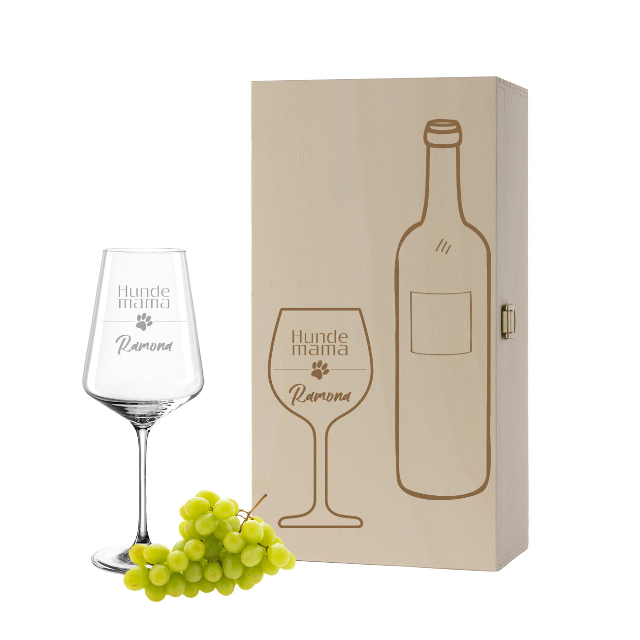 Weinglas mit Gravur Leonardo Puccini "HUNDE MAMA MIT PFOTE" inkl. Holzbox klein mit Wunschname