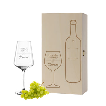 Weinglas mit Gravur Leonardo Puccini "HUNDE MAMA MIT HERZ" inkl. Holzbox klein mit Wunschname