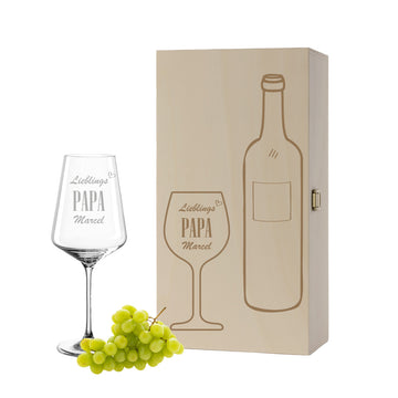 Weinglas mit Gravur Leonardo Puccini "LIEBLINGS PAPA" inkl. Holzbox klein mit Wunschname