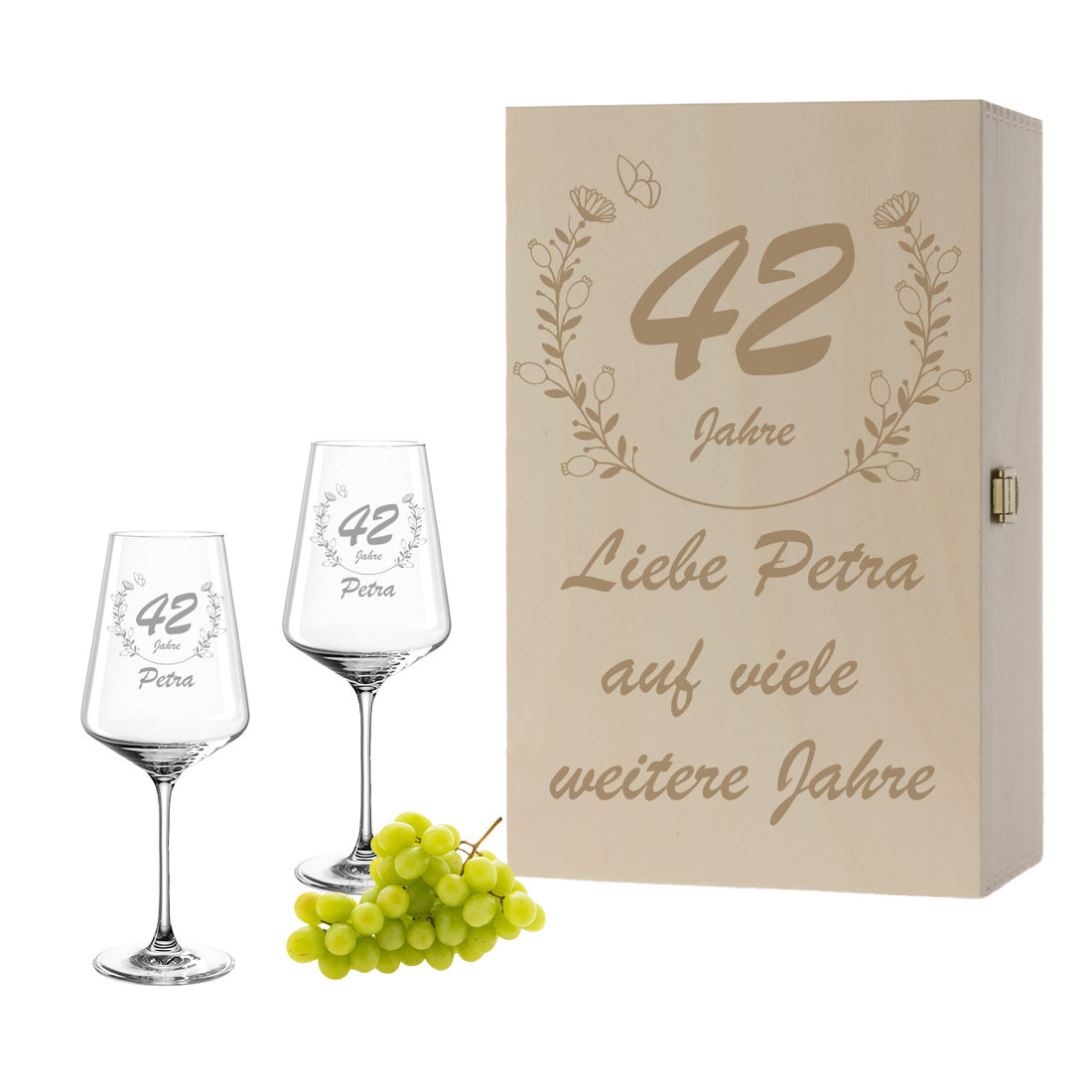 Weinglas mit Gravur Leonardo Puccini "GEBURTSTAG MIT BLUMENKRANZ" 2 Gläser und Holzbox groß mit Wunschname & Alter