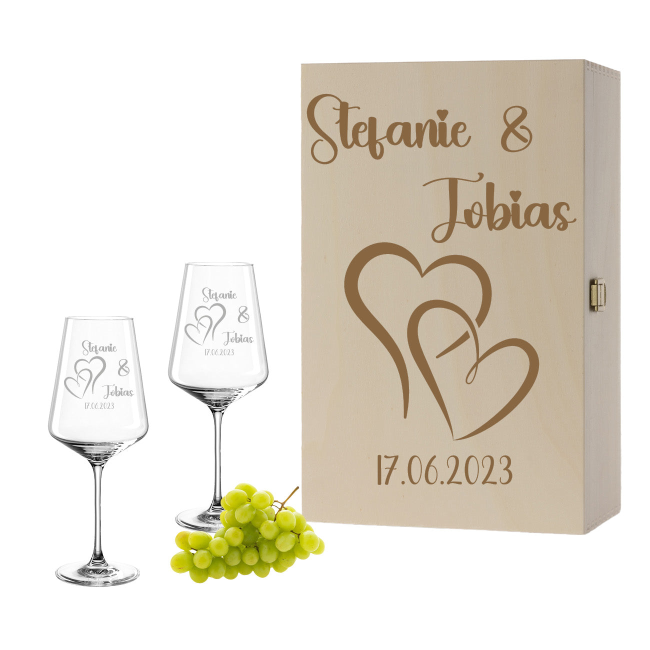 Weinglas mit Gravur Leonardo Puccini "LIEBES GLAS HERZ1" 2 Gläser und Holzbox groß mit Wunschname & Datum