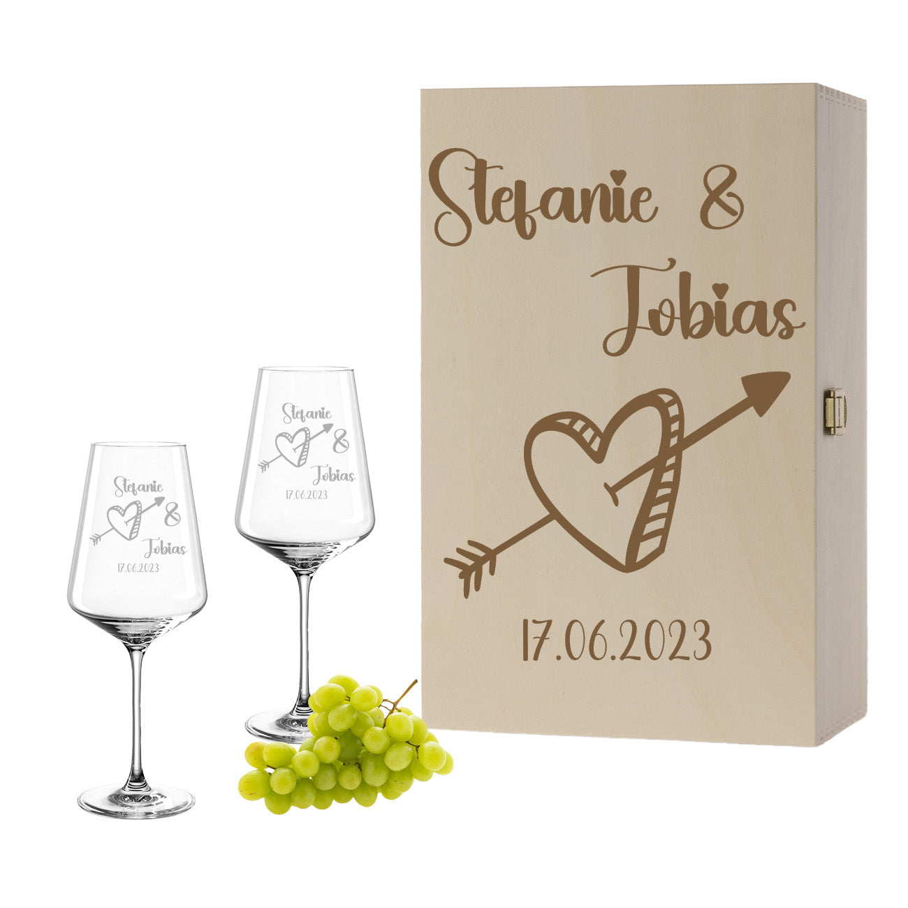Weinglas mit Gravur Leonardo Puccini "LIEBES GLAS HERZ3" 2 Gläser und Holzbox groß mit Wunschname & Datum