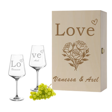 Weinglas mit Gravur Leonardo Puccini "LOVE" Set mit 2 Gläser und Holzbox groß Rosen mit Wunschname