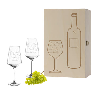 Weinglas mit Gravur Leonardo Puccini "GUTER TAG SCHLECHTER TAG!!" 2 Gläser und Holzbox groß