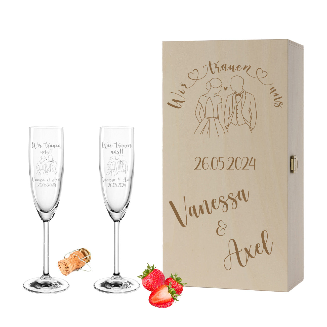 Sektglas mit Gravur Leonardo Daily "WIR TRAUEN UNS" Motiv Brautpaar 2 Gläser und Holzbox klein mit Wunschname & Datum