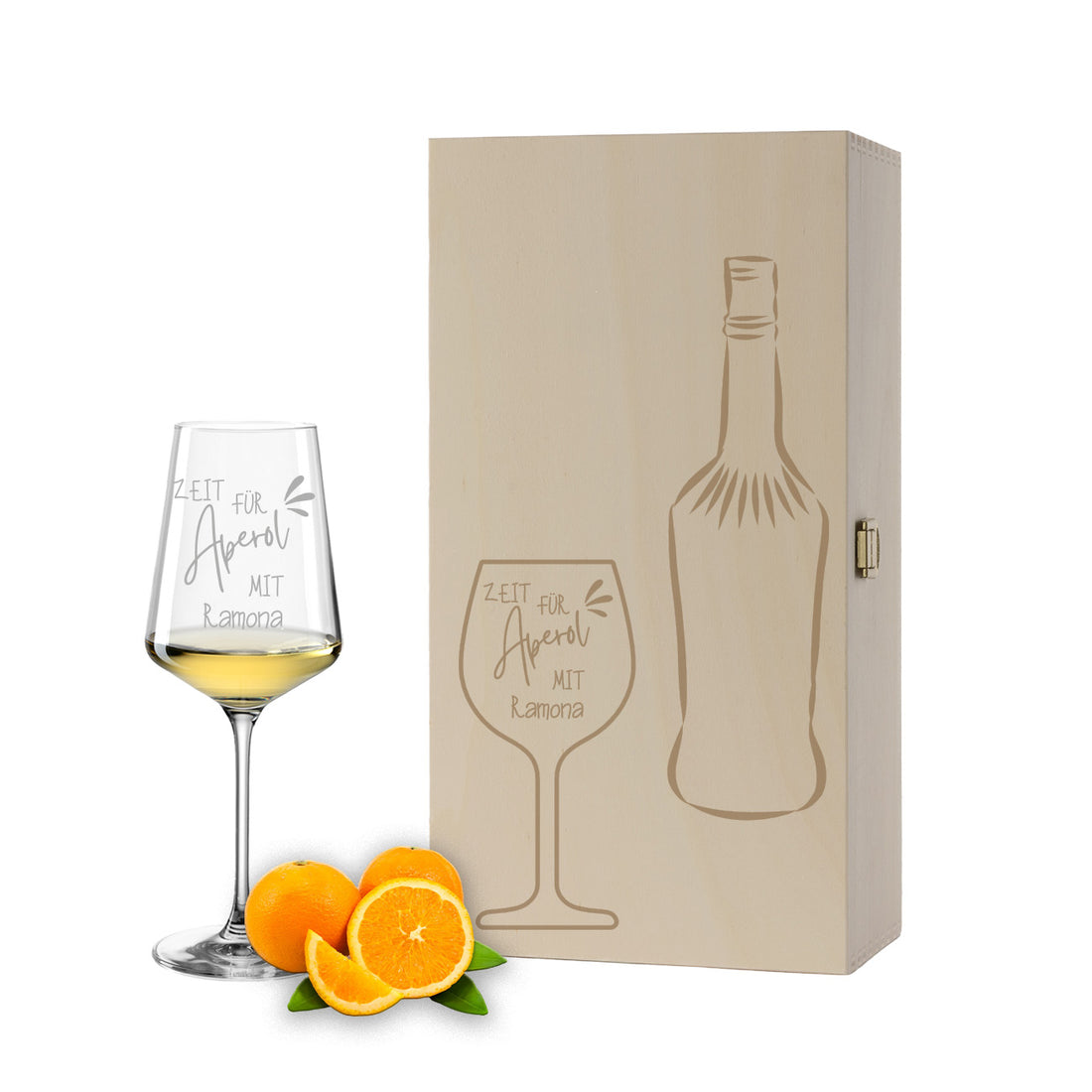 Weinglas mit Gravur Leonardo Puccini "ZEIT FÜR APEROL MIT..." inkl. Holzbox klein mit Wunschname