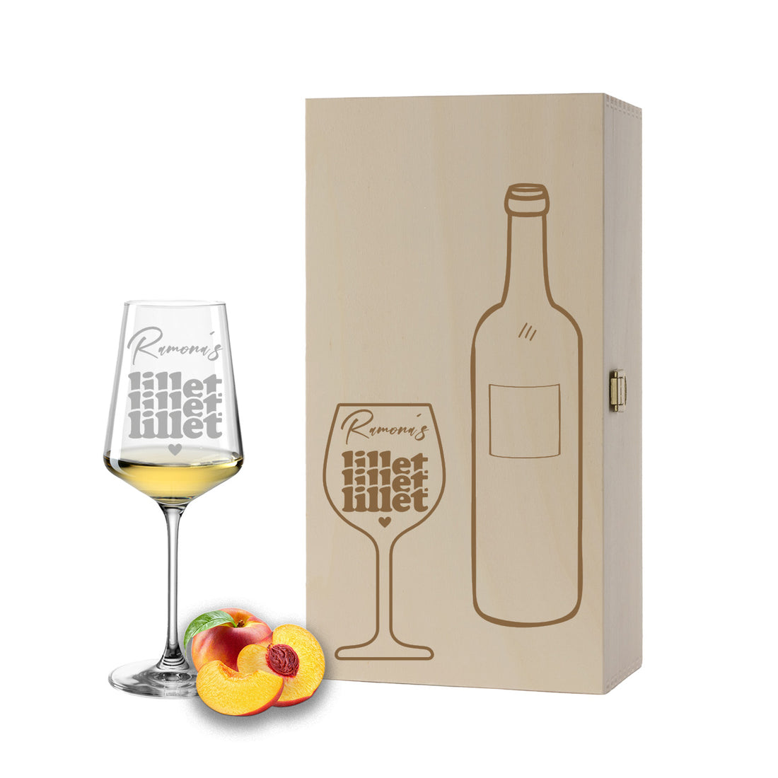 Weinglas mit Gravur Leonardo Puccini "LILLET LILLET LILLET" inkl. Holzbox klein mit Wunschname