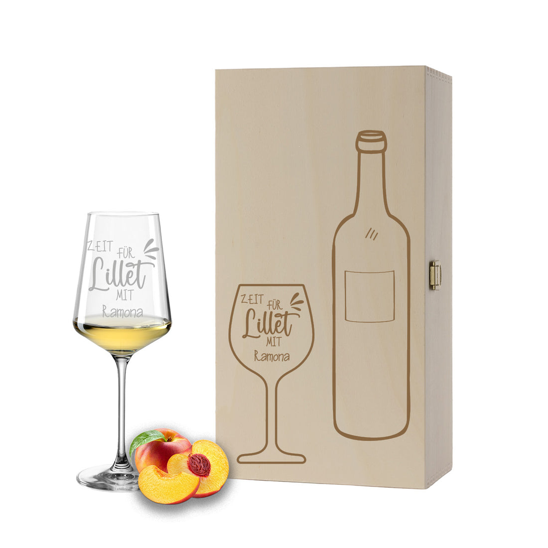 Weinglas mit Gravur Leonardo Puccini "ZEIT FÜR LILLET MIT..." inkl. Holzbox klein mit Wunschname