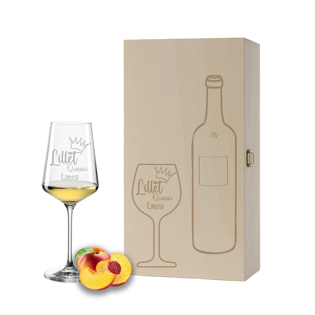Weinglas mit Gravur Leonardo Puccini "LILLET QUEEN" inkl. Holzbox klein mit Wunschname