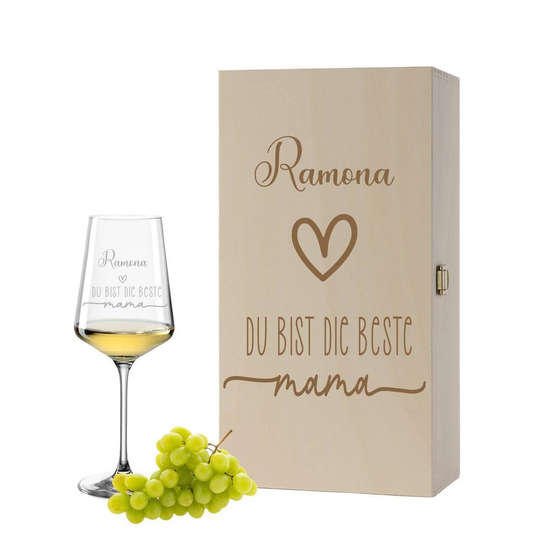 Weinglas mit Gravur Leonardo Puccini "DU BIST DIE BESTE MAMA" inkl. Holzbox klein mit Wunschname