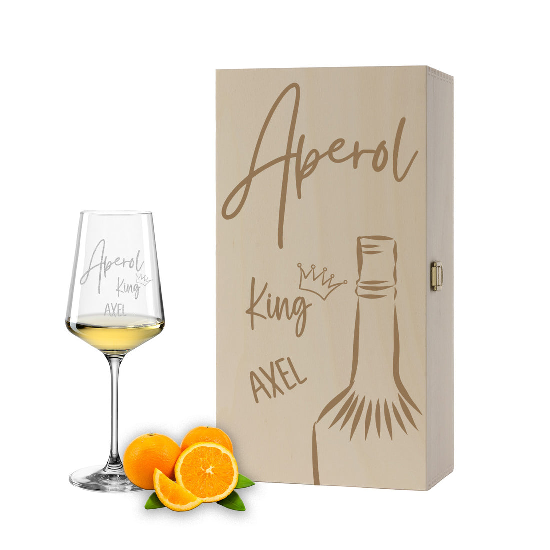 Weinglas mit Gravur Leonardo Puccini "APEROL KING" inkl. Holzbox klein mit Wunschname