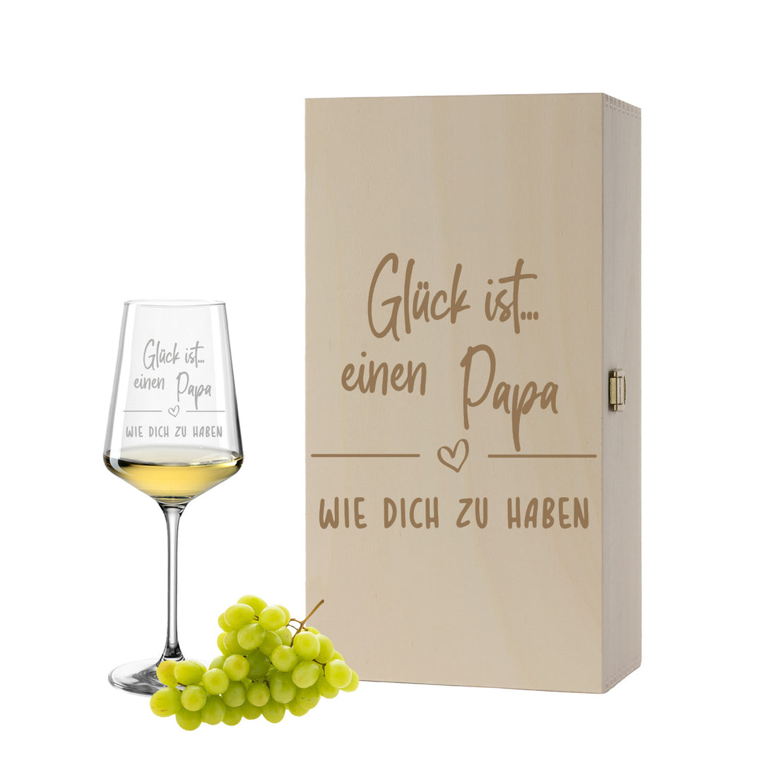 Weinglas mit Gravur Leonardo Puccini "GLÜCK IST EINEN PAPA WIE DICH ZU HABEN" inkl. Holzbox klein