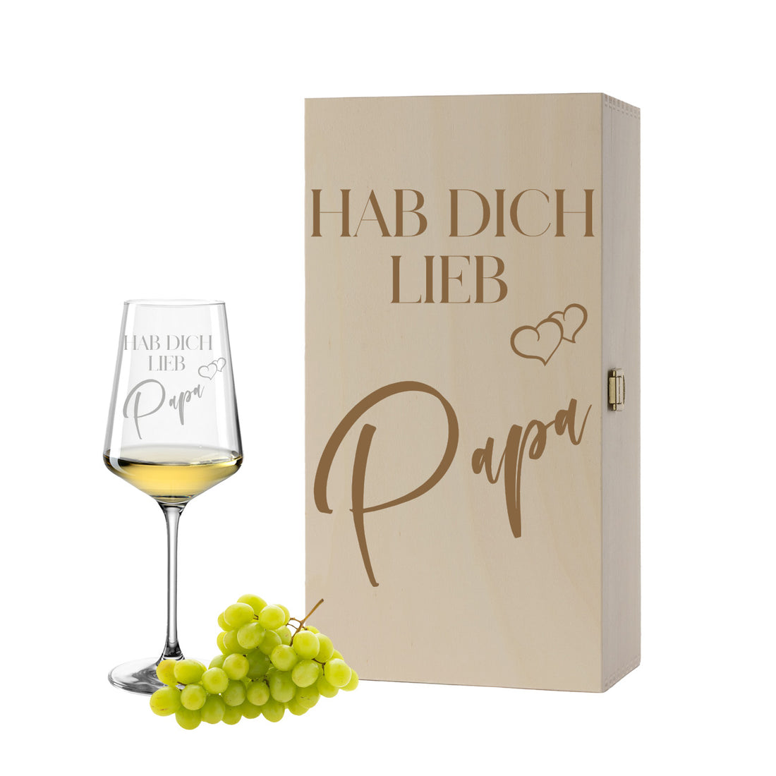 Weinglas mit Gravur Leonardo Puccini "HAB DICH LIEB PAPA" inkl. Holzbox klein