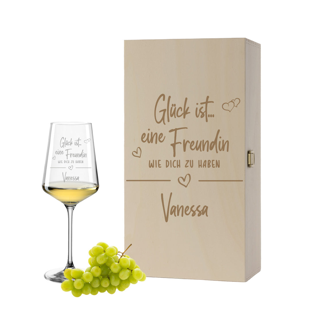 Weinglas mit Gravur Leonardo Puccini "GLÜCK IST EINE FREUNDIN WIE DICH ZU HABEN" inkl. Holzbox klein mit Wunschname