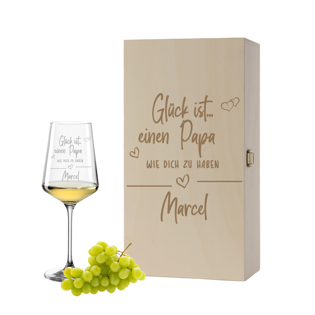 Weinglas mit Gravur Leonardo Puccini "GLÜCK IST EINEN PAPA WIE DICH ZU HABEN" inkl. Holzbox klein mit Wunschname