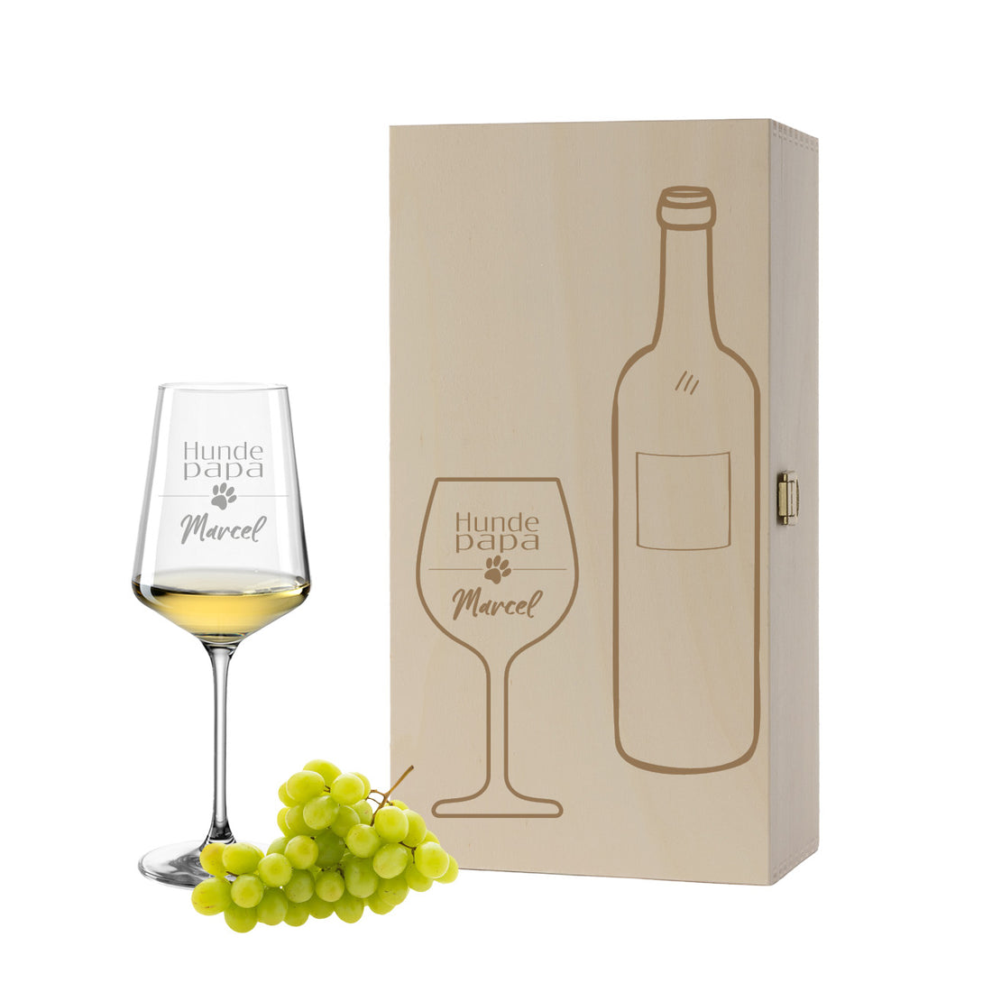 Weinglas mit Gravur Leonardo Puccini "HUNDE PAPA MIT PFOTE" inkl. Holzbox klein mit Wunschname