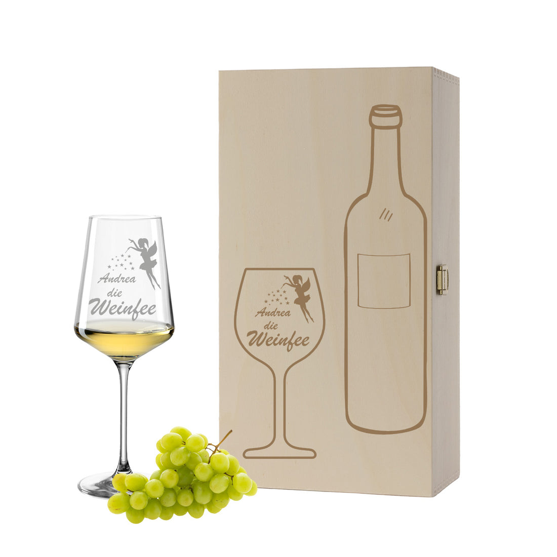 Weinglas mit Gravur Leonardo Puccini "Wunschname DIE WEINFEE" inkl. Holzbox klein mit Wunschname