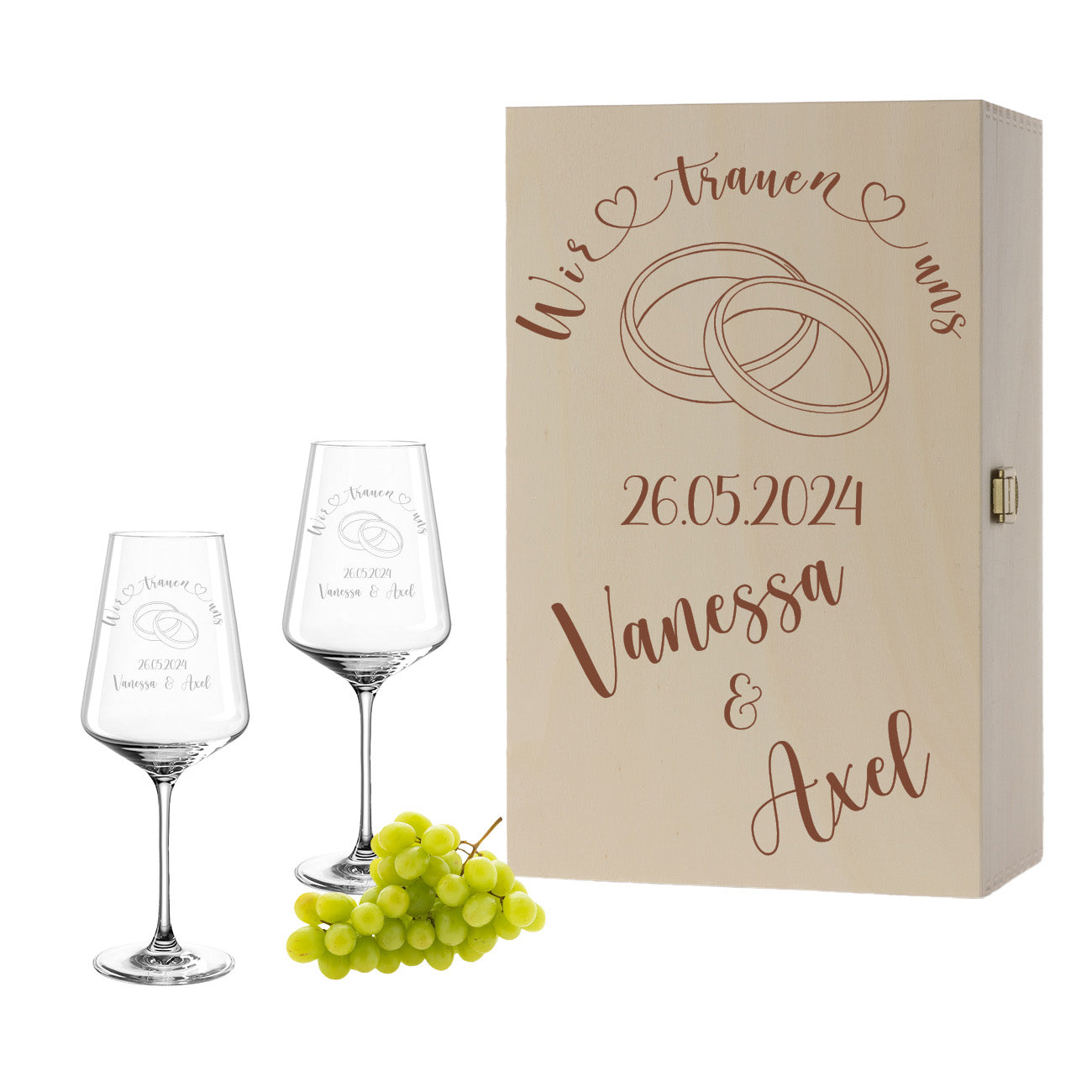 Weinglas mit Gravur Leonardo Puccini "WIR TRAUEN UNS" Motiv Ringe 2 Gläser und Holzbox groß mit Wunschname & Datum