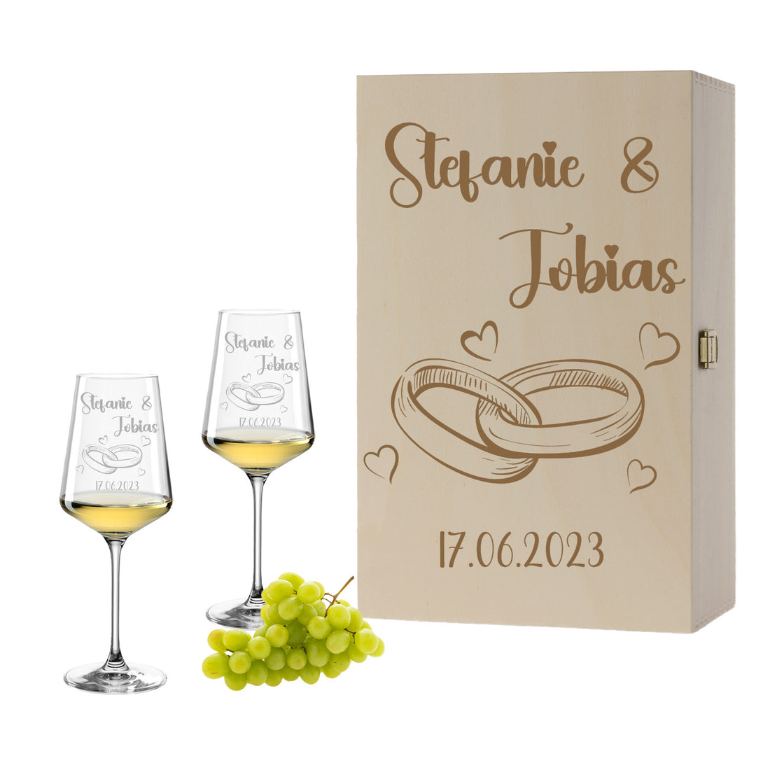 Weinglas mit Gravur Leonardo Puccini "HOCHZEITS RINGE" 2 Gläser und Holzbox groß mit Wunschname & Datum