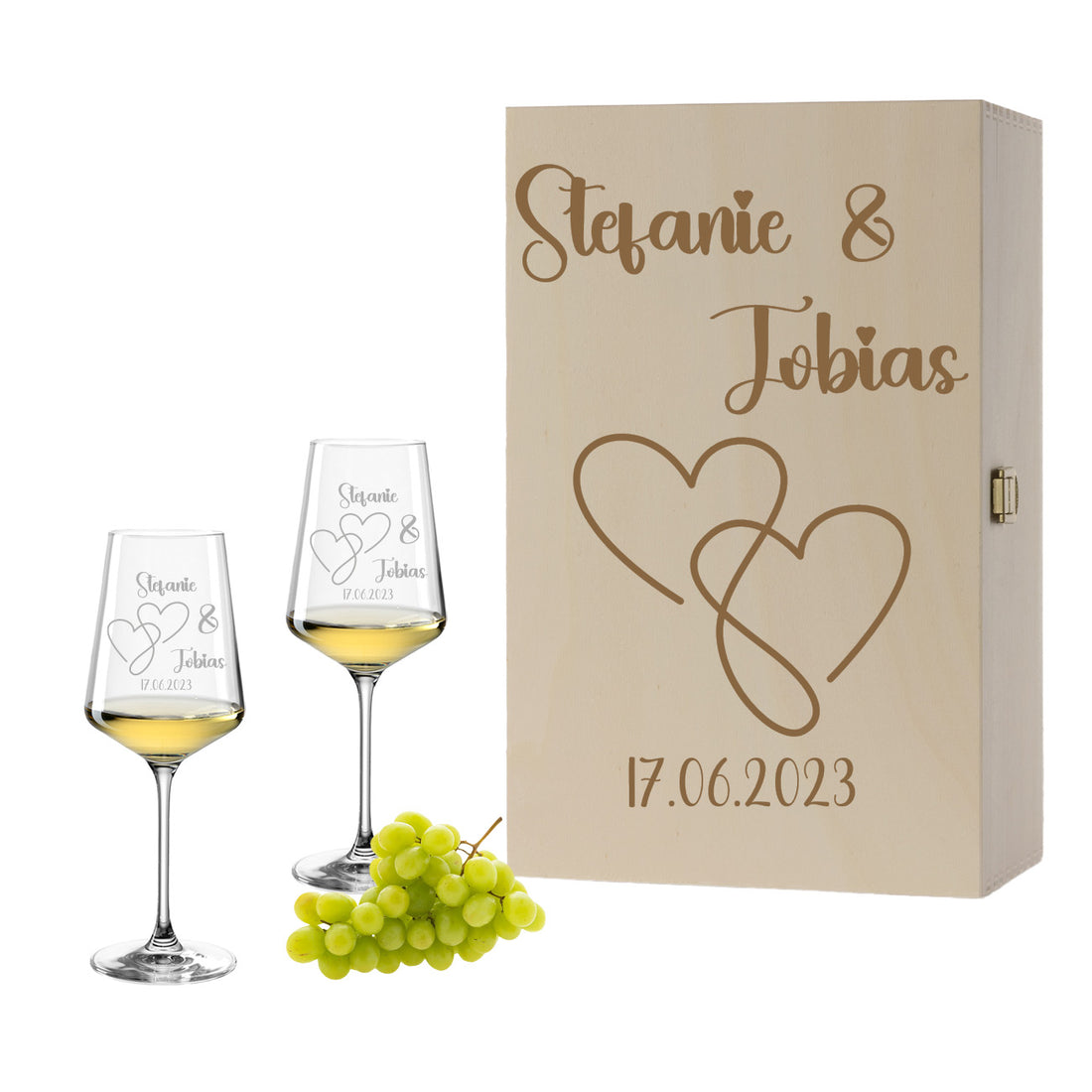 Weinglas mit Gravur Leonardo Puccini "LIEBES GLAS HERZ2" 2 Gläser und Holzbox groß mit Wunschname & Datum