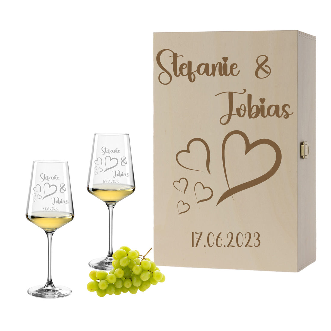 Weinglas mit Gravur Leonardo Puccini "LIEBES GLAS HERZ4" 2 Gläser und Holzbox groß mit Wunschname & Datum