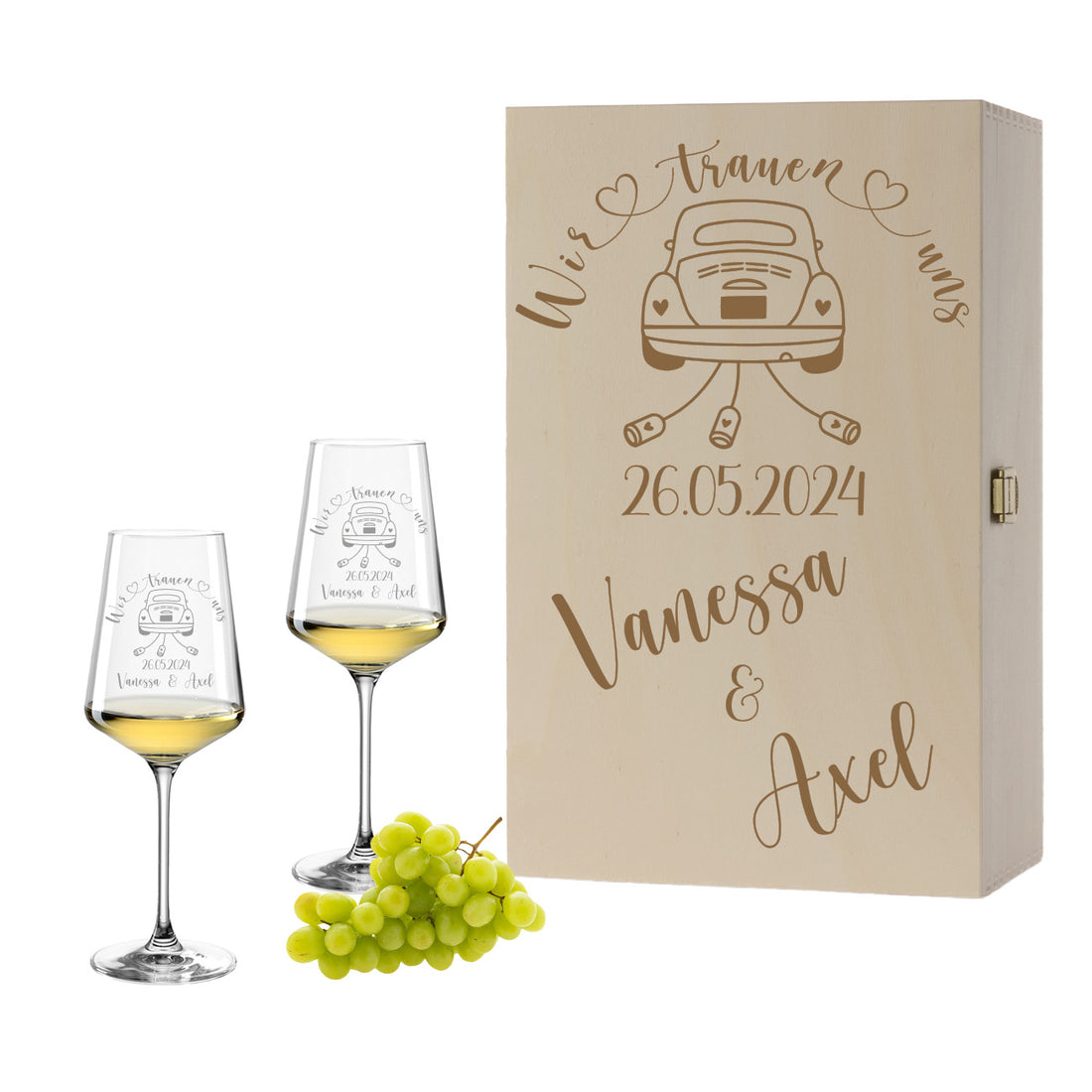 Weinglas mit Gravur Leonardo Puccini "WIR TRAUEN UNS" Motiv Auto 2 Gläser und Holzbox groß mit Wunschname & Datum