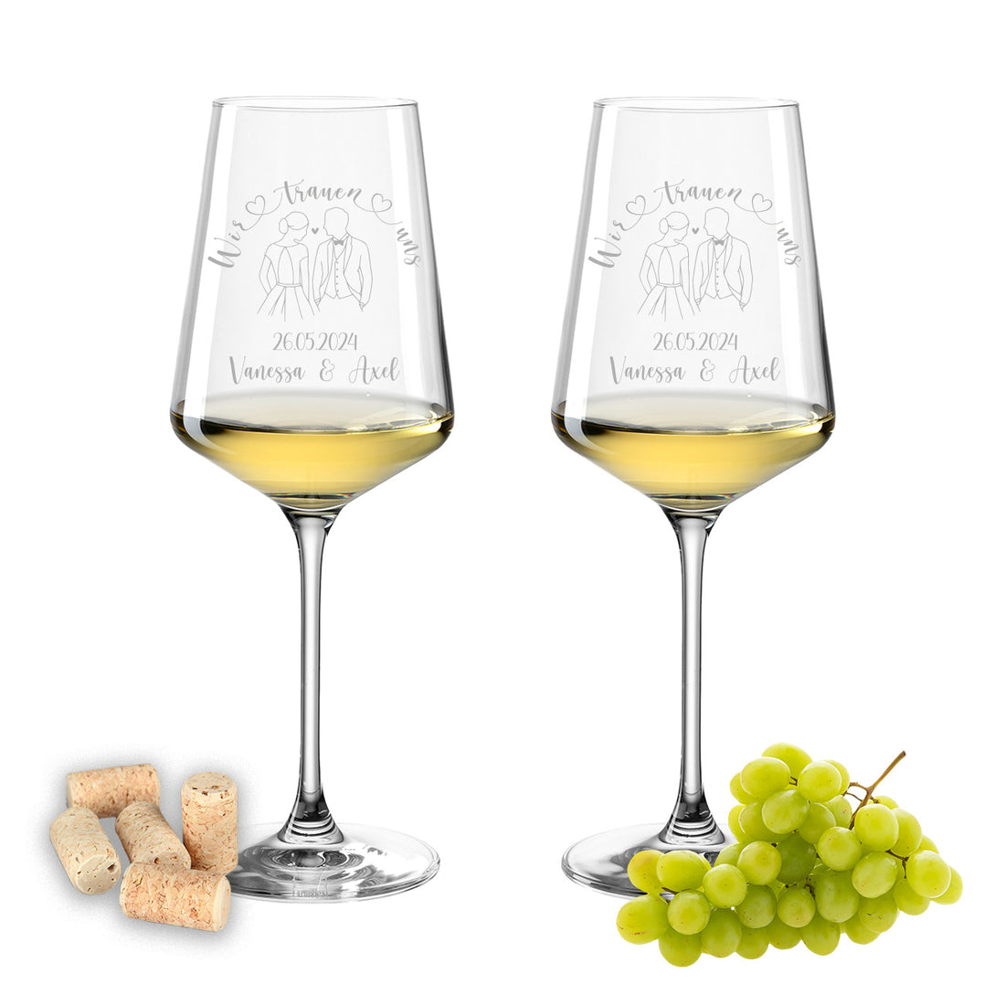 Weinglas mit Gravur Leonardo Puccini "WIR TRAUEN UNS" Motiv Brautpaar 2 Gläser mit Wunschname & Datum
