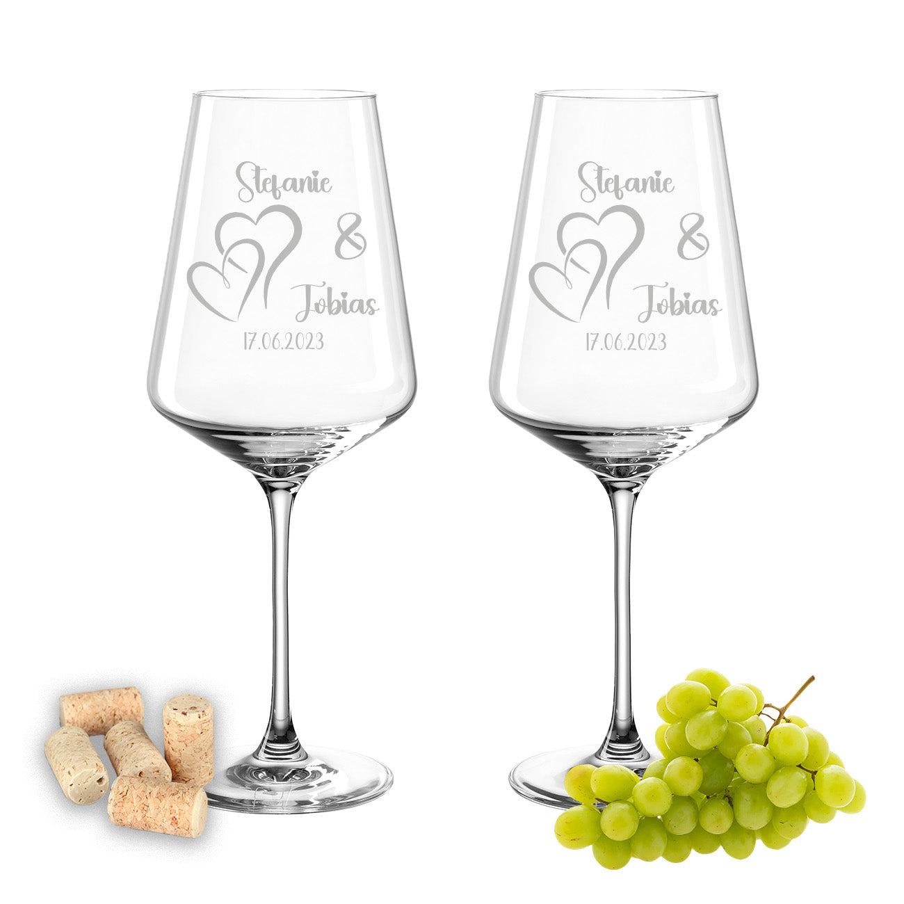 Weinglas mit Gravur Leonardo Puccini "LIEBES GLAS HERZ1" 2 Gläser mit Wunschname & Datum