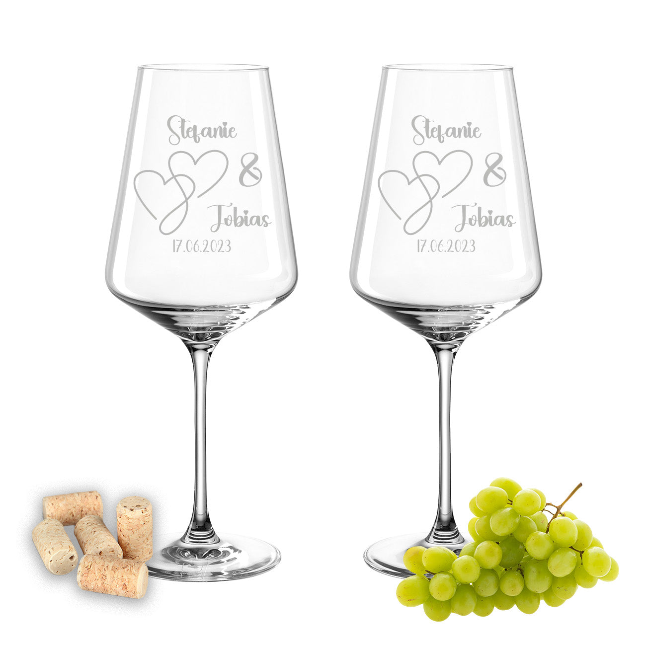 Weinglas mit Gravur Leonardo Puccini "LIEBES GLAS HERZ2" 2 Gläser mit Wunschname & Datum