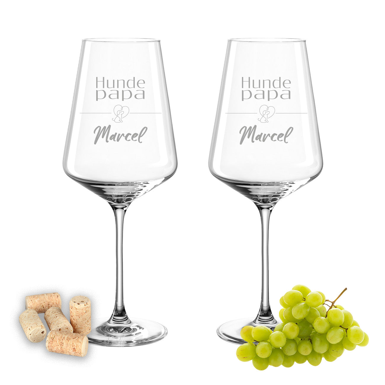 Weinglas mit Gravur Leonardo Puccini "HUNDE PAPA MIT HERZ" 2 Gläser mit Wunschname