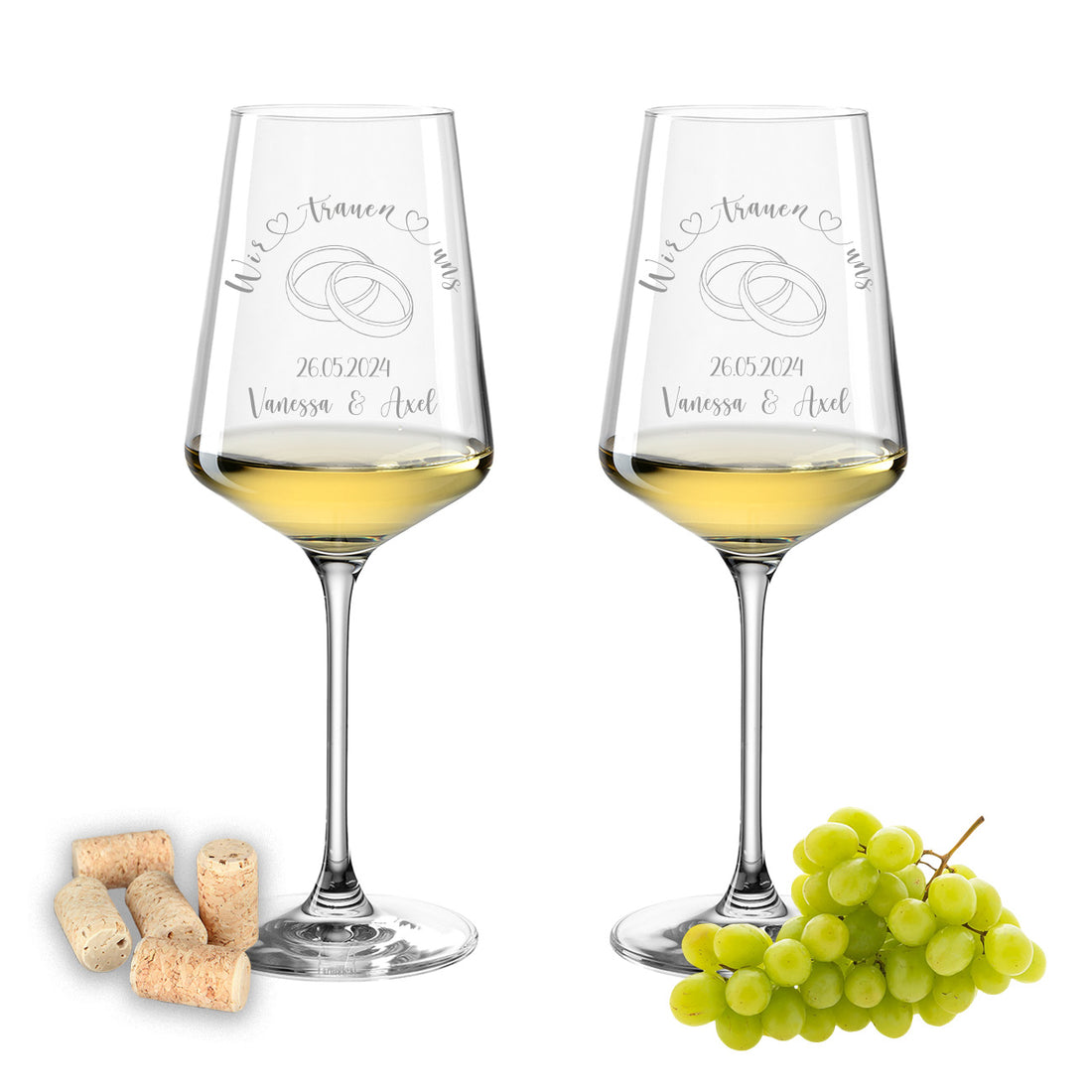 Weinglas mit Gravur Leonardo Puccini "WIR TRAUEN UNS" Motiv Ringe 2 Gläser mit Wunschname & Datum