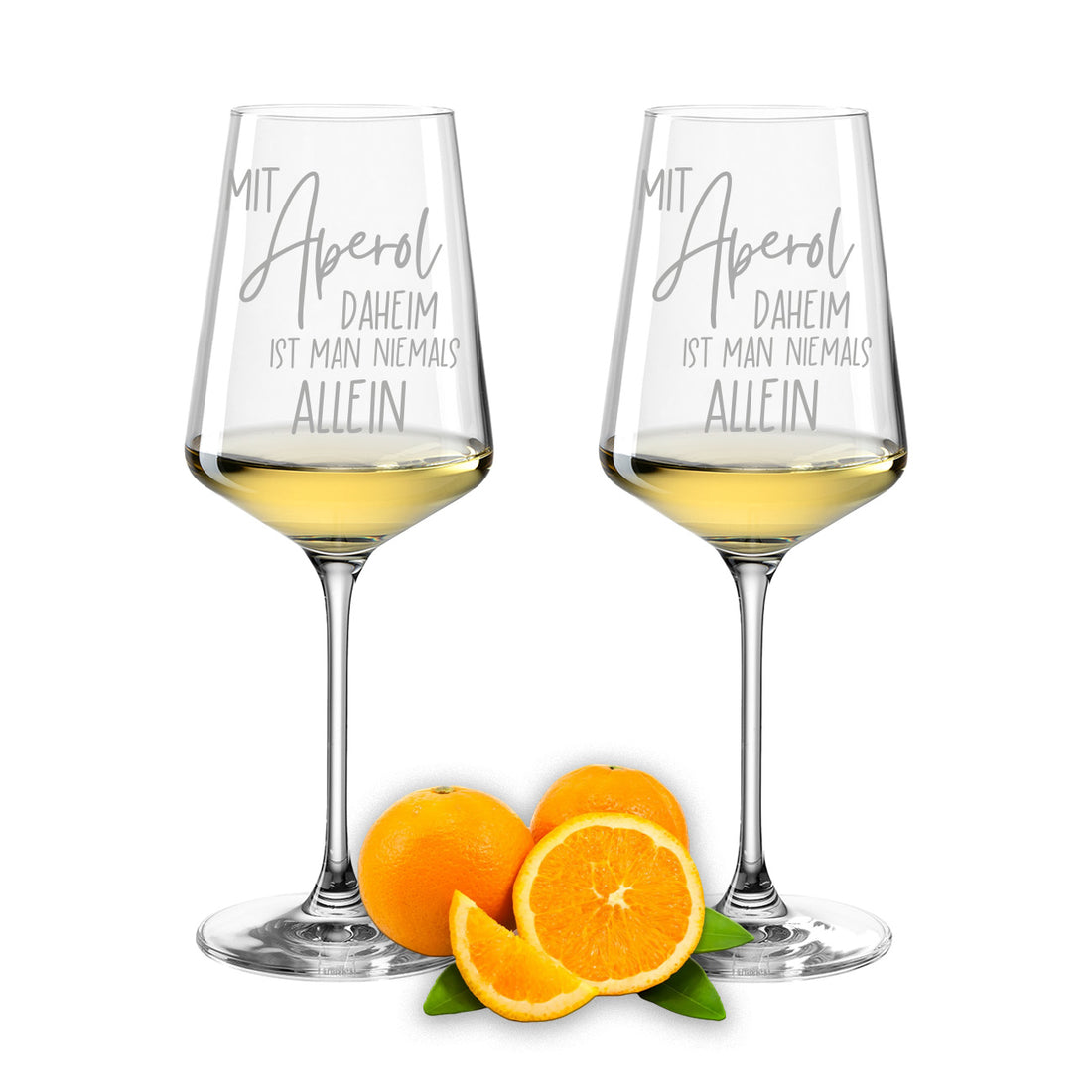 Weinglas mit Gravur Leonardo Puccini "MIT APEROL DAHEIM IST MAN NIEMALS ALLEIN" 2 Gläser