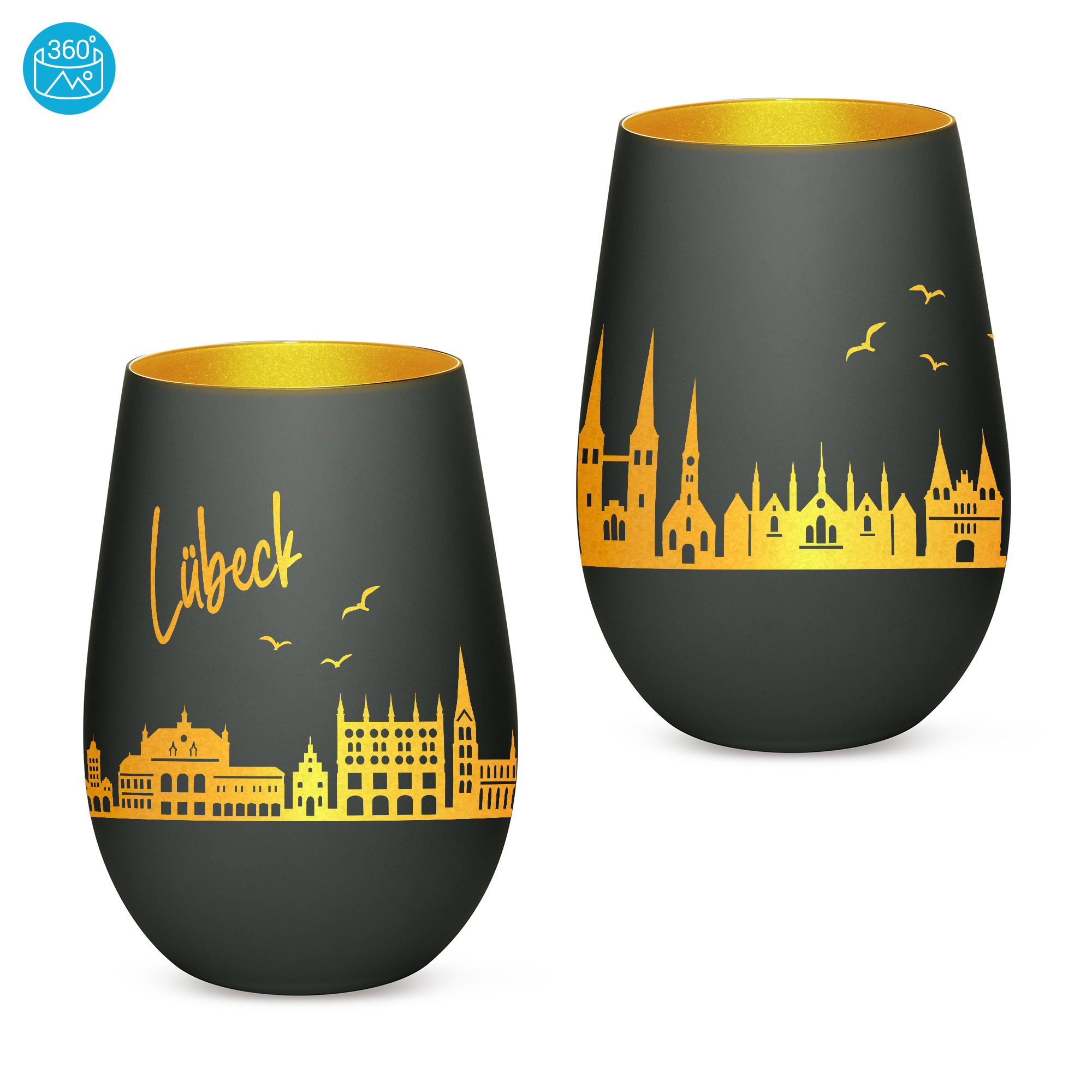 Edles Glas Windlicht mit Gravur "SKYLINE LÜBECK" in 6 verschiedenen Farben