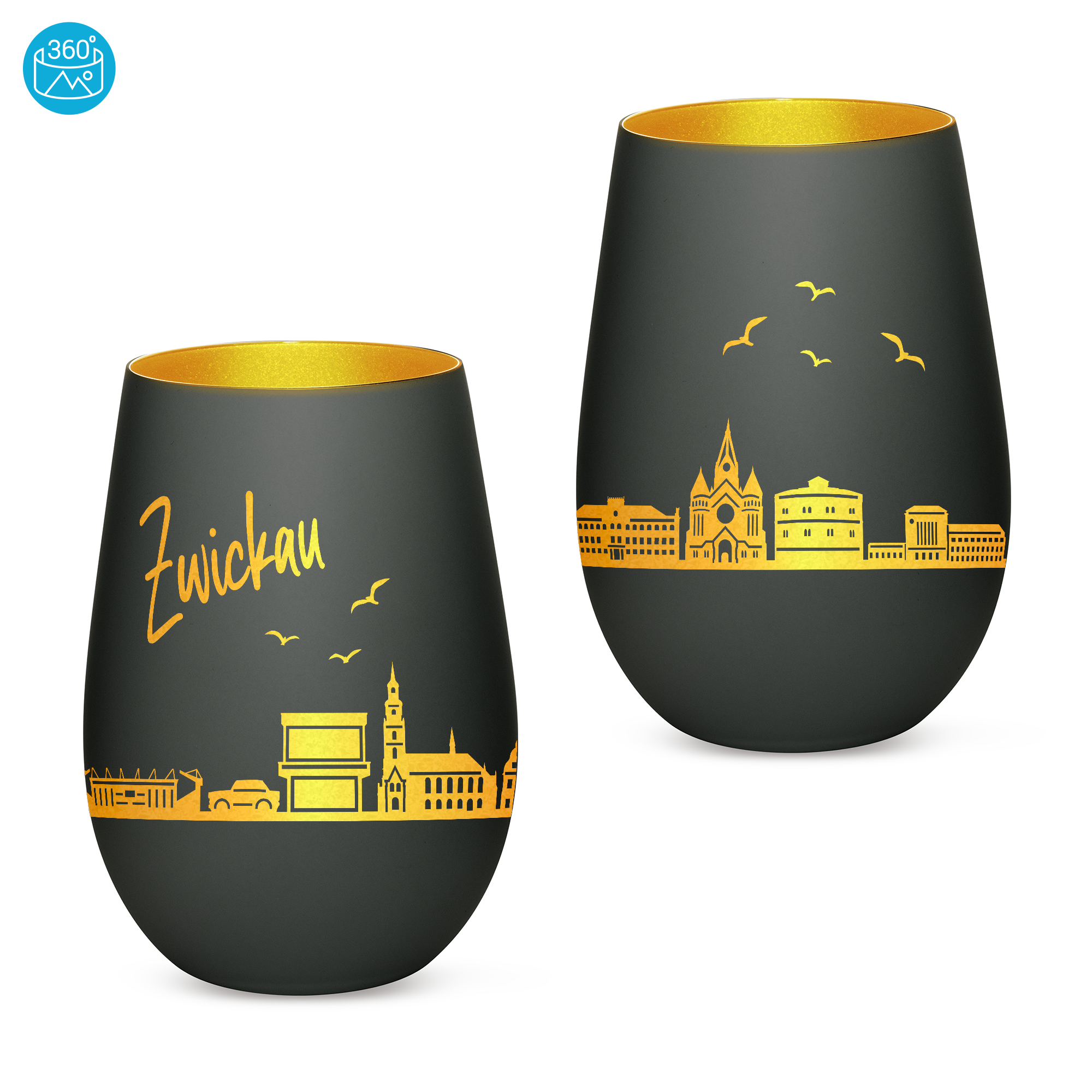 Edles Glas Windlicht mit Gravur "SKYLINE ZWICKAU" in 6 verschiedenen Farben