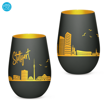 Edles Glas Windlicht mit Gravur "SKYLINE STUTTGART" in 6 verschiedenen Farben