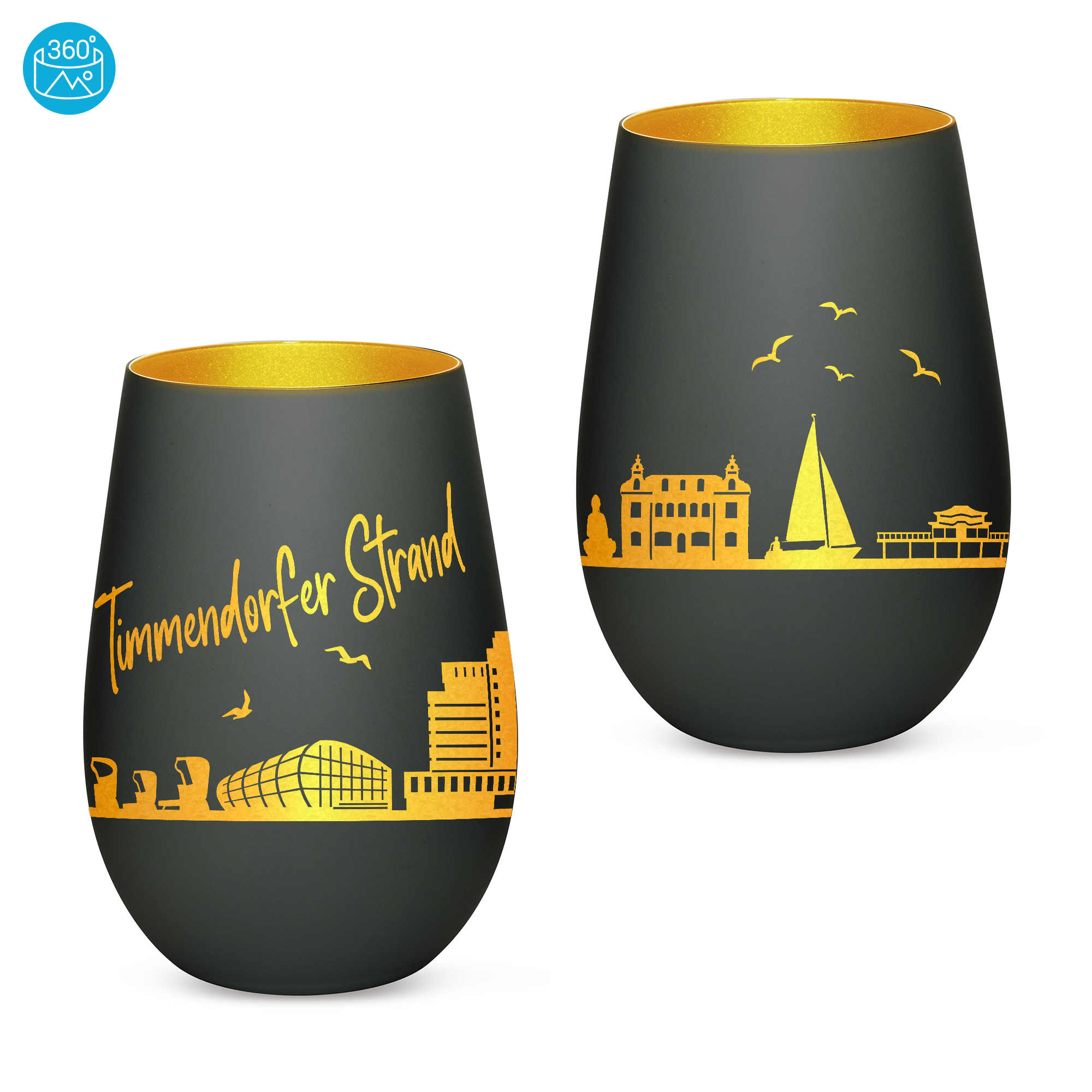 Edles Glas Windlicht mit Gravur "SKYLINE TIMMENDORFER STRAND" in 6 verschiedenen Farben