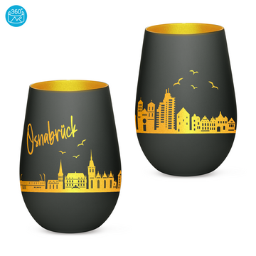 Edles Glas Windlicht mit Gravur "SKYLINE OSNABRÜCK" in 6 verschiedenen Farben