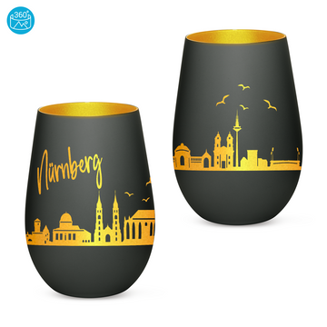 Edles Glas Windlicht mit Gravur "SKYLINE NÜRNBERG" in 6 verschiedenen Farben