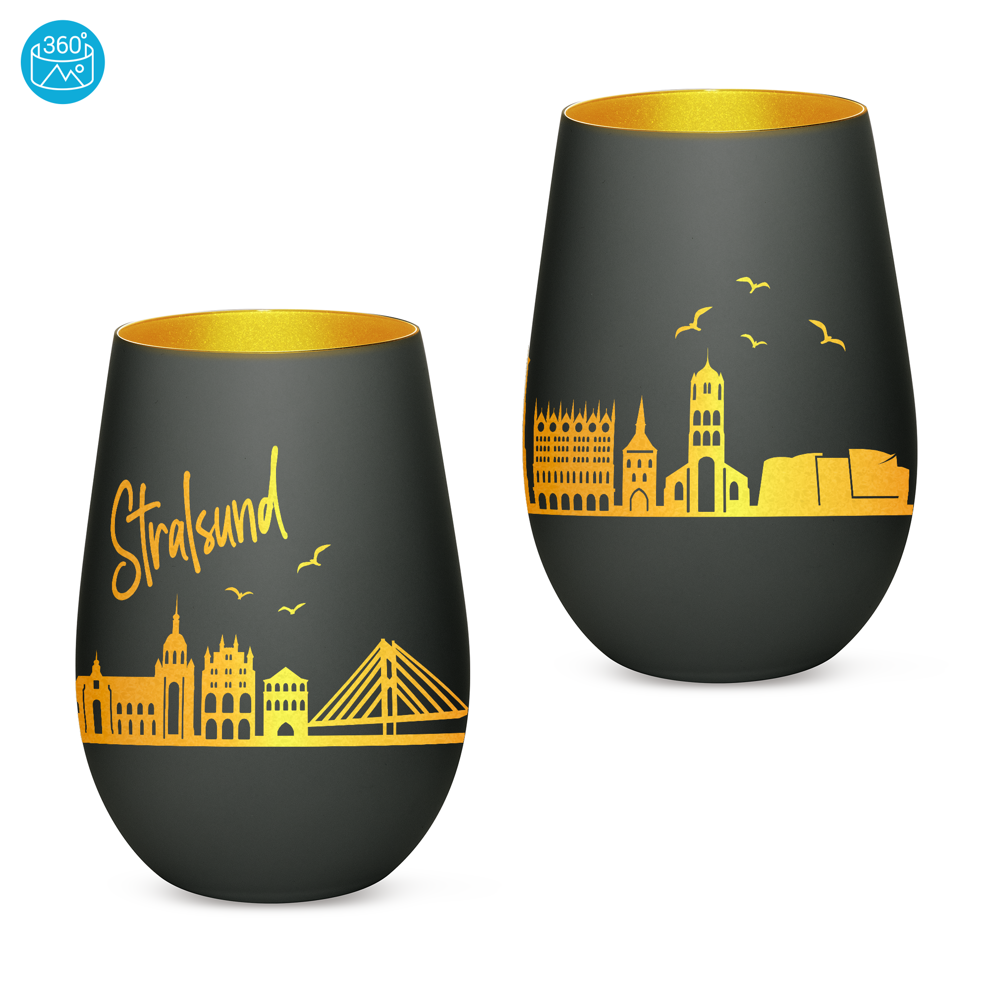 Edles Glas Windlicht mit Gravur "SKYLINE STRALSUND" in 6 verschiedenen Farben