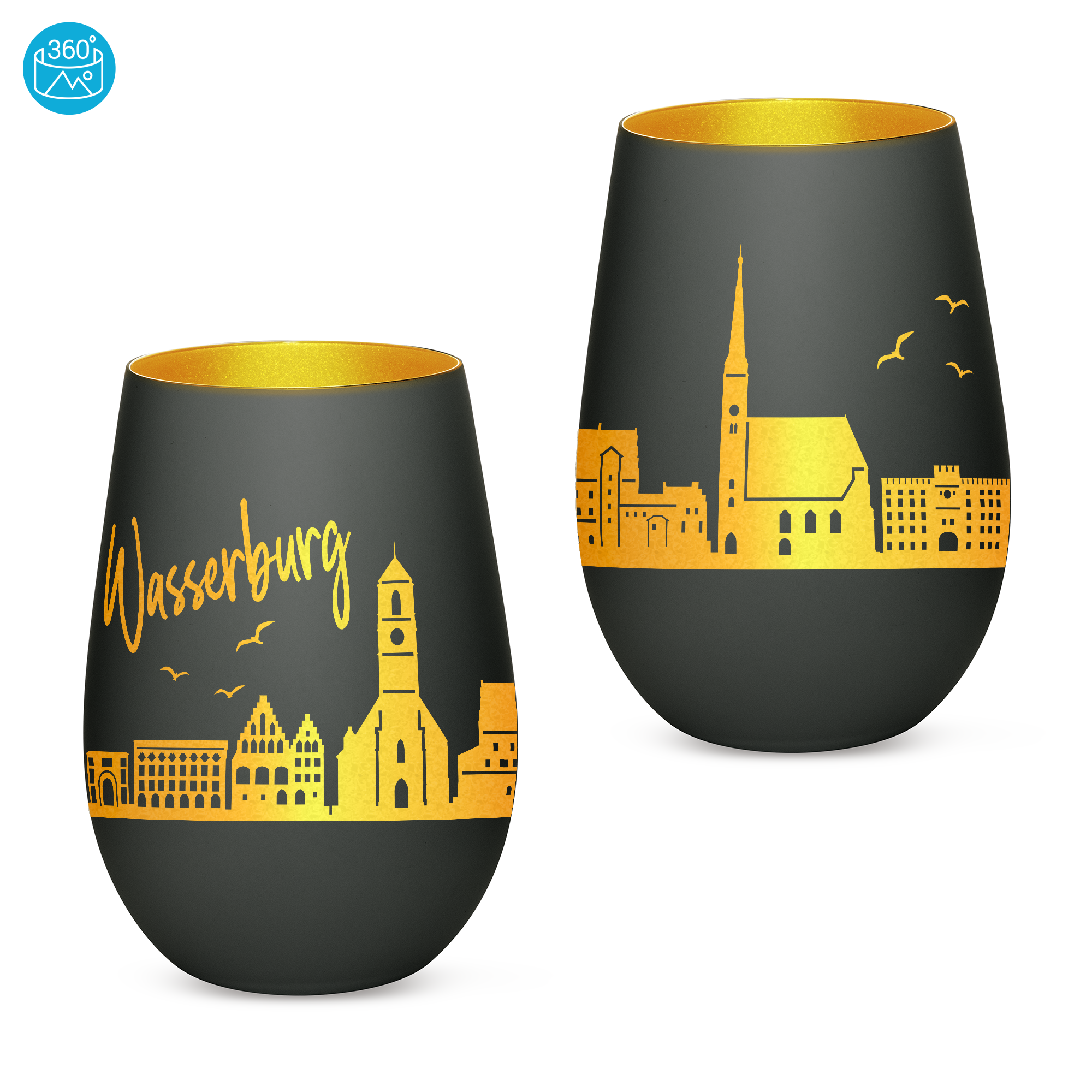 Edles Glas Windlicht mit Gravur "SKYLINE WASSERBURG" in 6 verschiedenen Farben