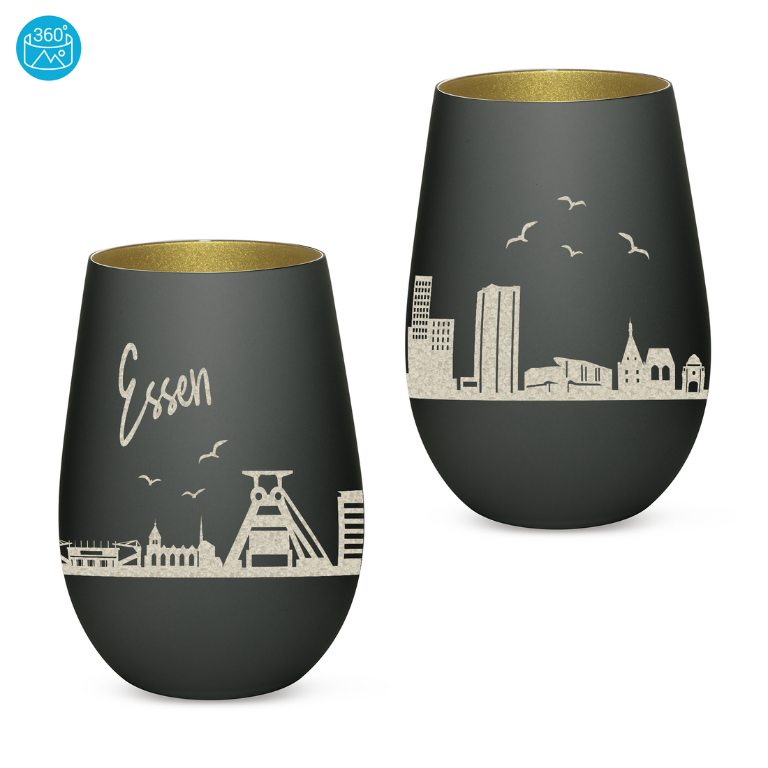 Edles Glas Windlicht mit Gravur "SKYLINE ESSEN" in 6 verschiedenen Farben