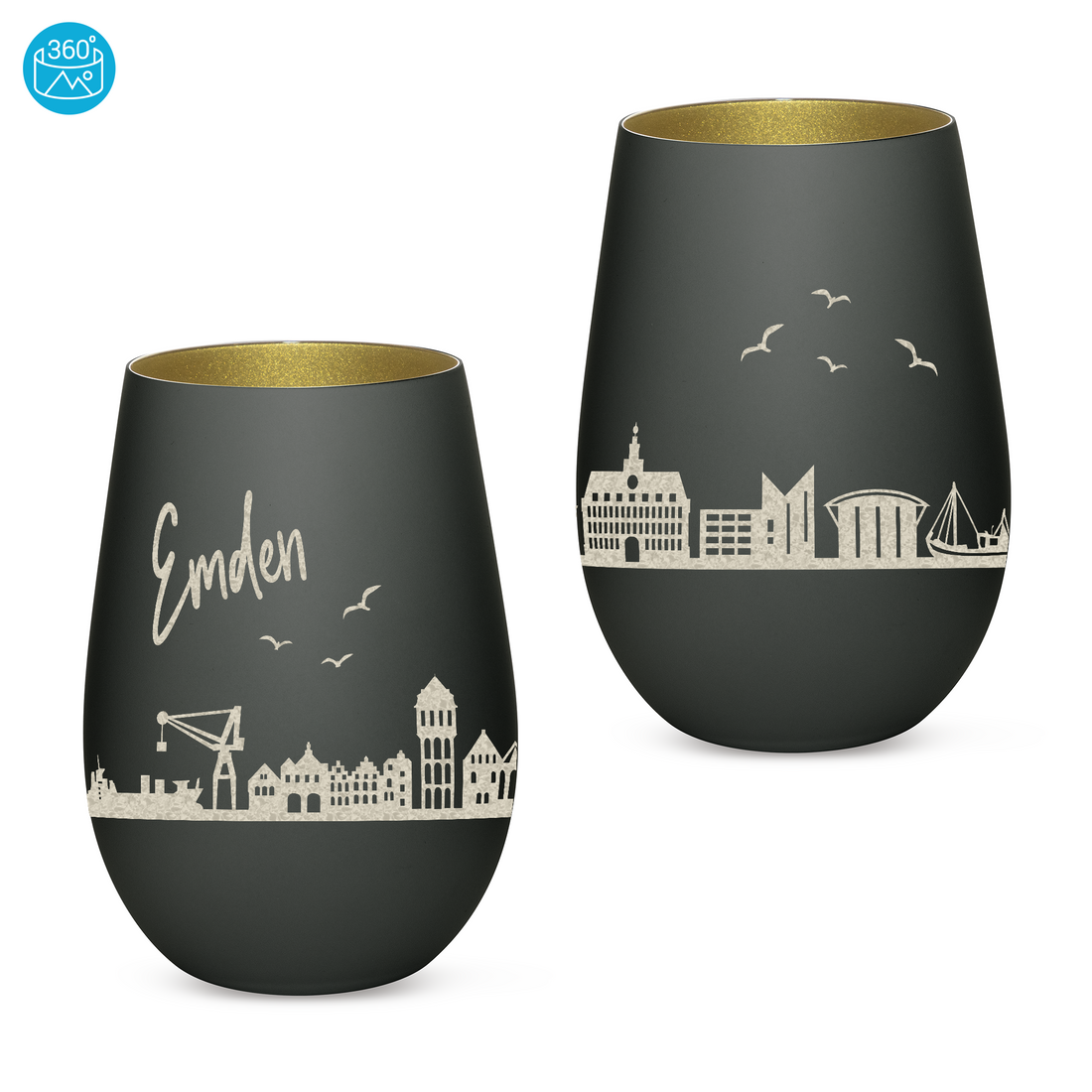 Edles Glas Windlicht mit Gravur "SKYLINE EMDEN" in 6 verschiedenen Farben