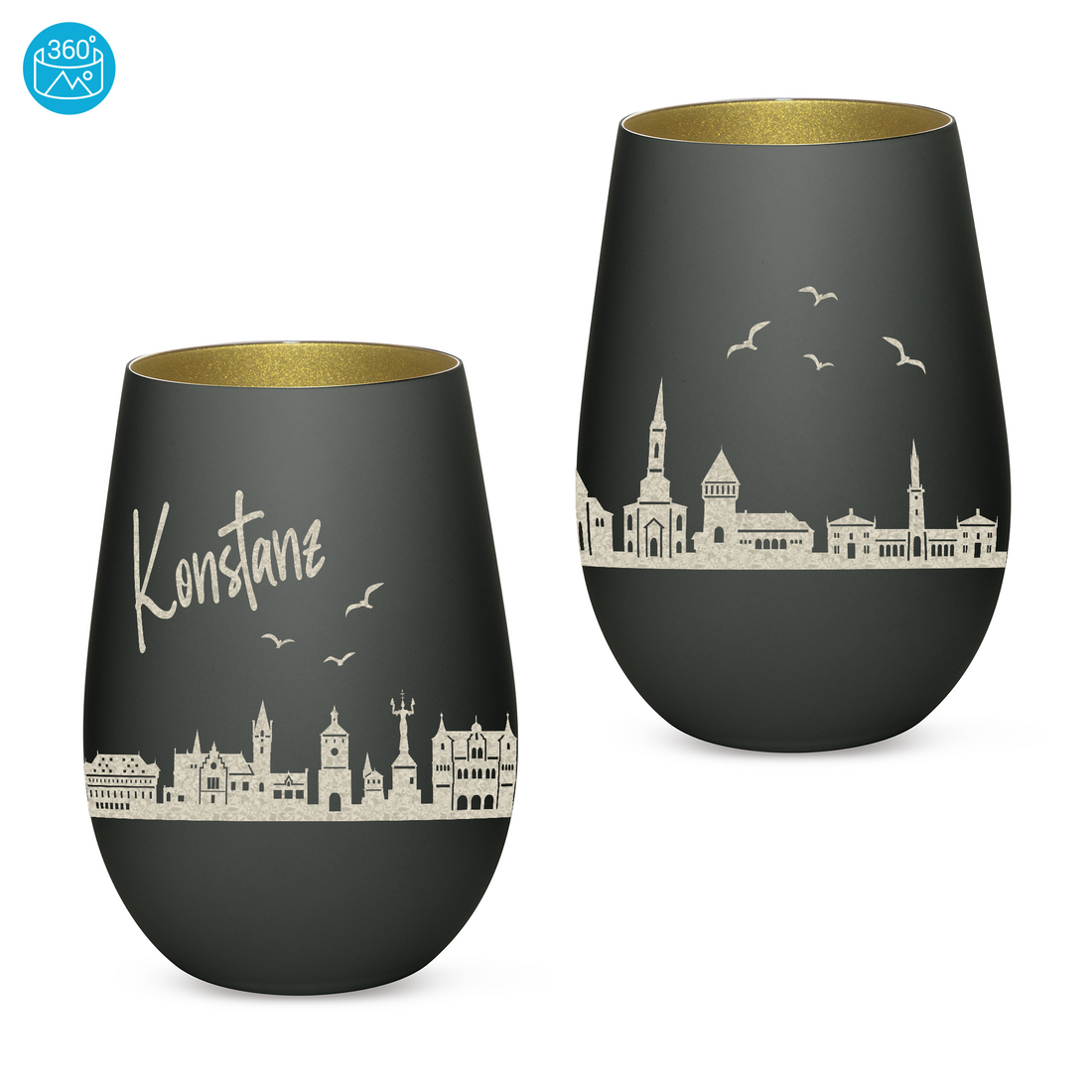 Edles Glas Windlicht mit Gravur "SKYLINE KONSTANZ" in 6 verschiedenen Farben